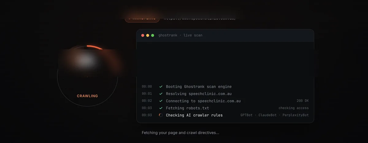 GhostRank crawling a live site, checking robots.txt and AI crawler access