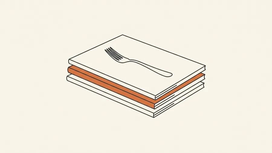 A flat-lay illustration of three closed blank booklets stacked on a cream surface with a single fork resting on top, one booklet edge picked out in terracotta