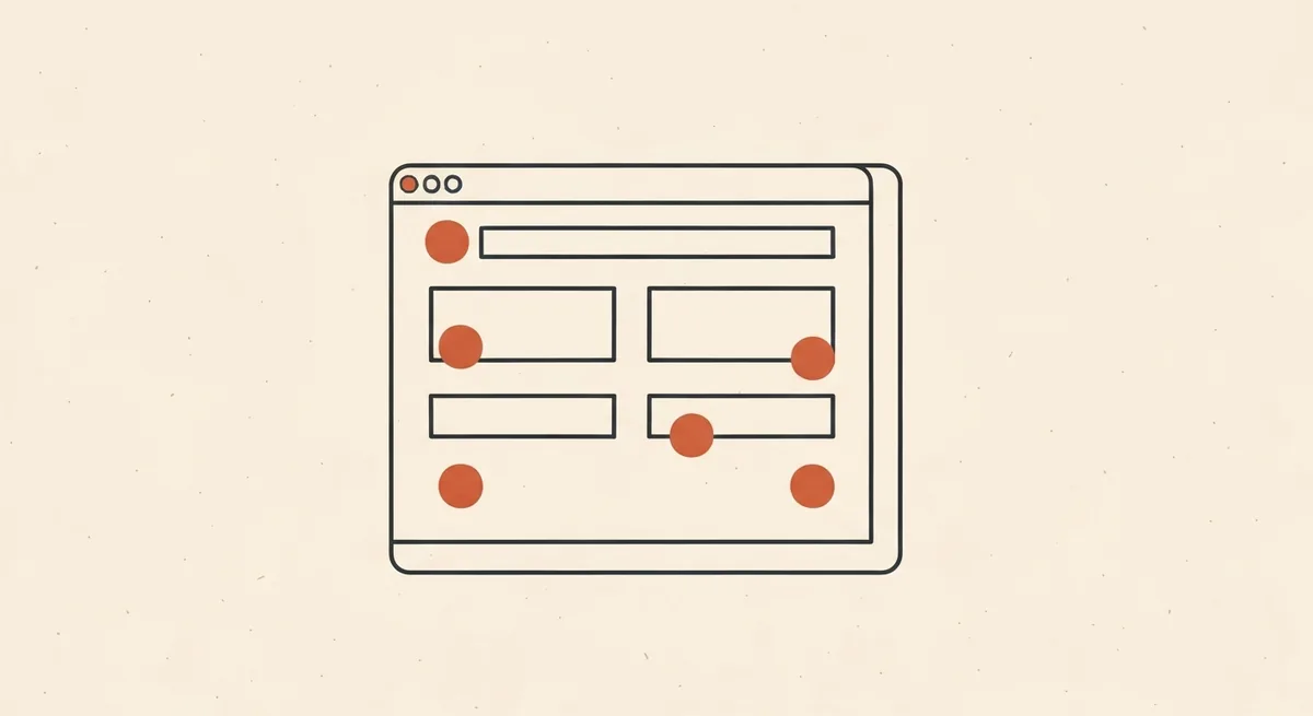 A minimal line drawing of a web browser window with five terracotta dots marking five different spots on the page