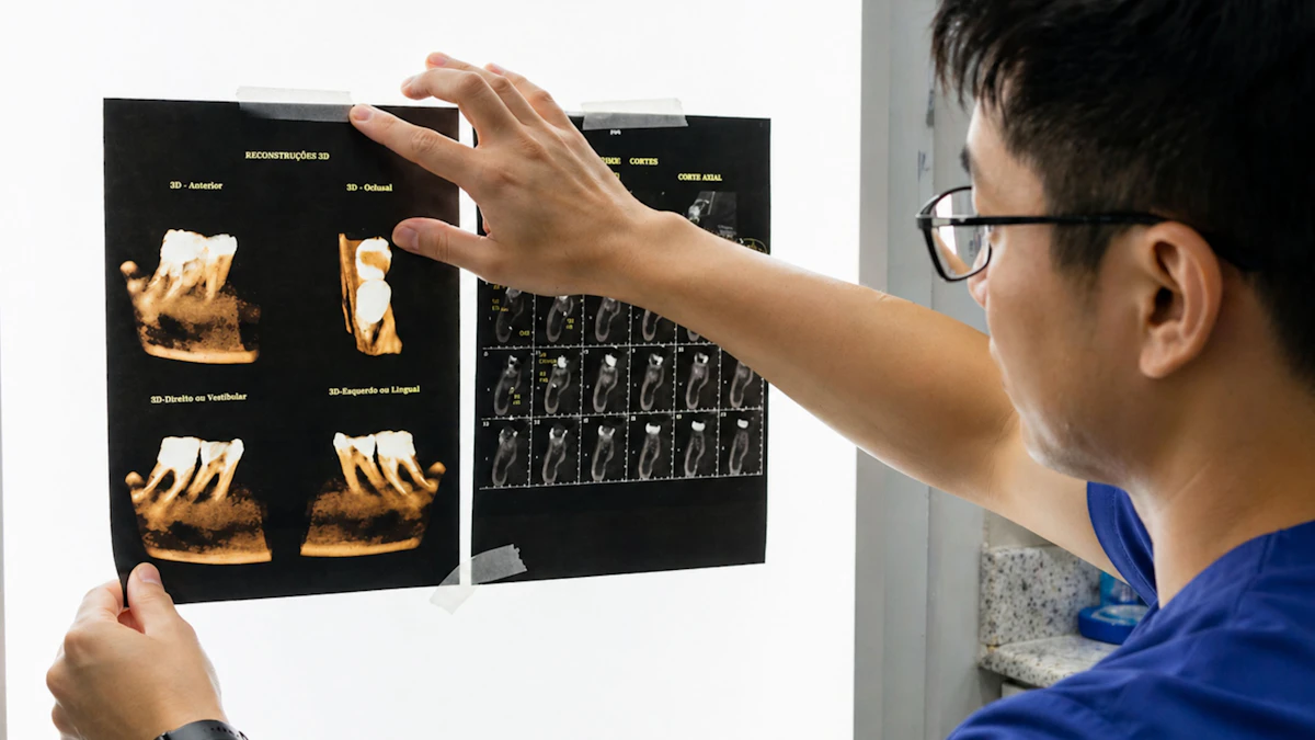 A dentist reviewing dental x-rays on a light board