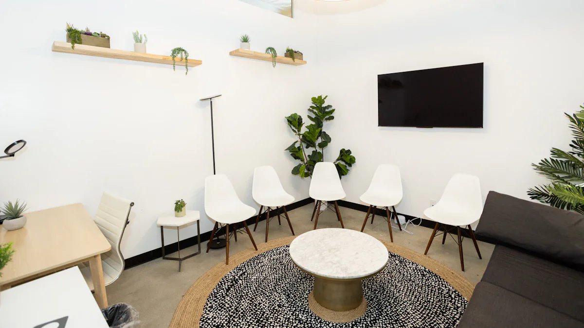 A calm, modern therapy waiting room with chairs and plants