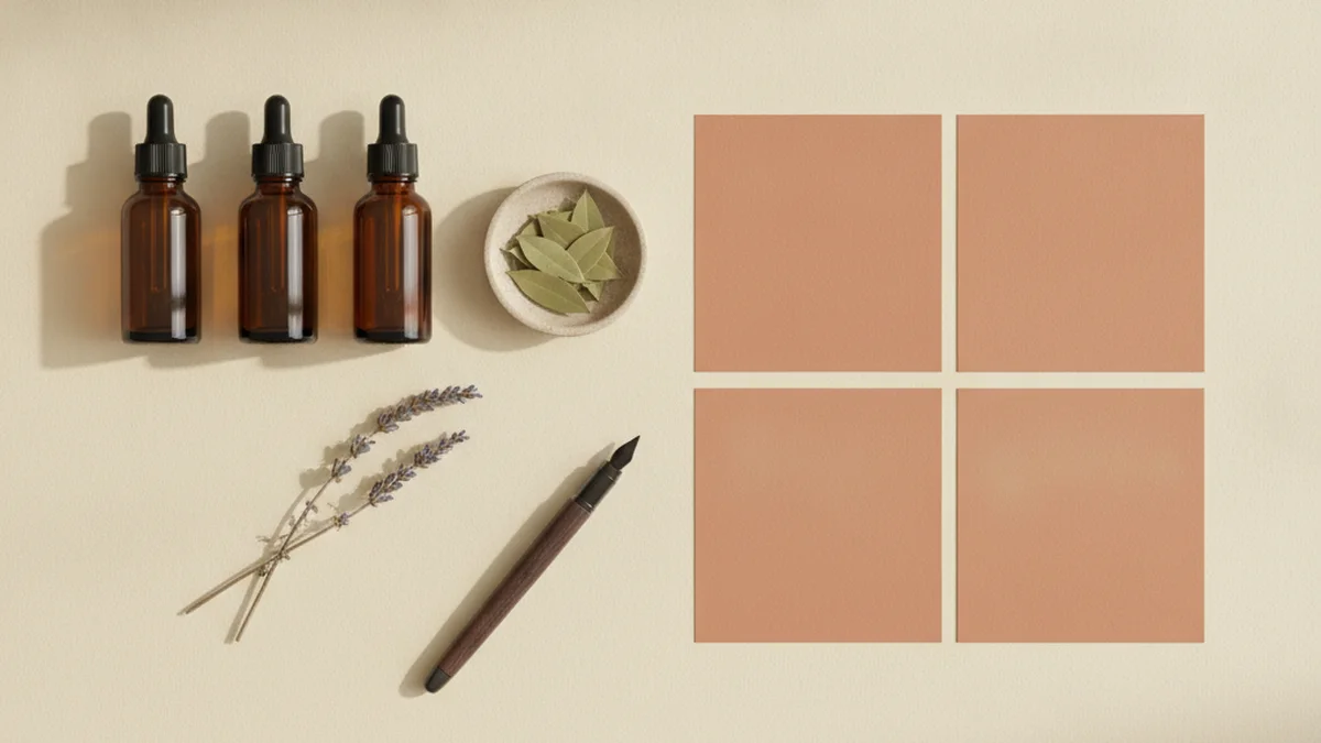 A row of small glass dropper bottles and a sprig of dried herbs on a cream desk beside plain terracotta paper squares