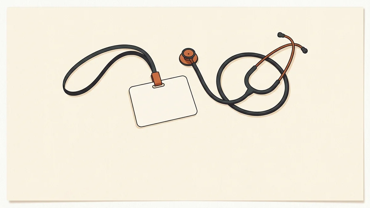 A minimal charcoal line illustration of a blank name badge on a lanyard resting on a desk beside a folded stethoscope, the badge clip picked out in solid terracotta, on a warm cream background