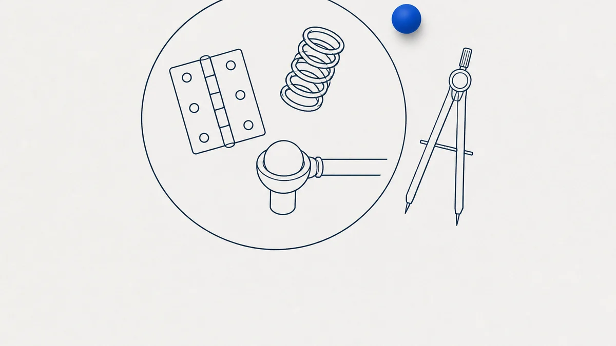 A drawn circle holding a hinge, a spring and a ball joint, with one cobalt ball sitting just outside the line and a drawing compass beside it