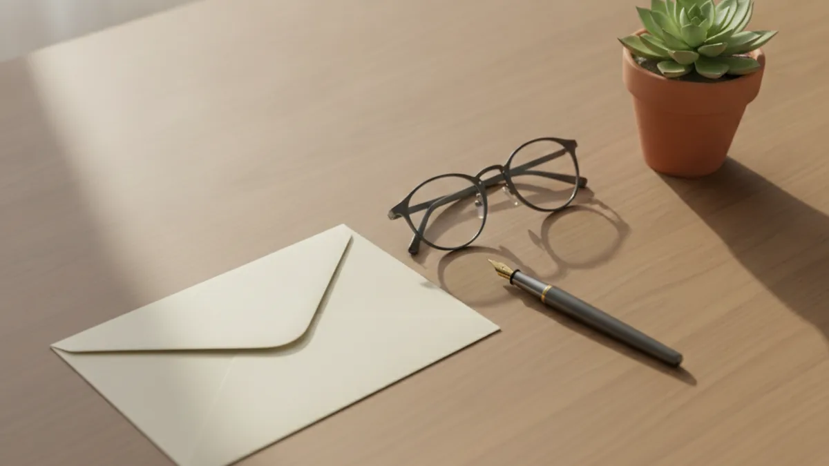 A blank cream envelope, reading glasses and a pen on a wooden desk, representing an AHPRA advertising warning letter