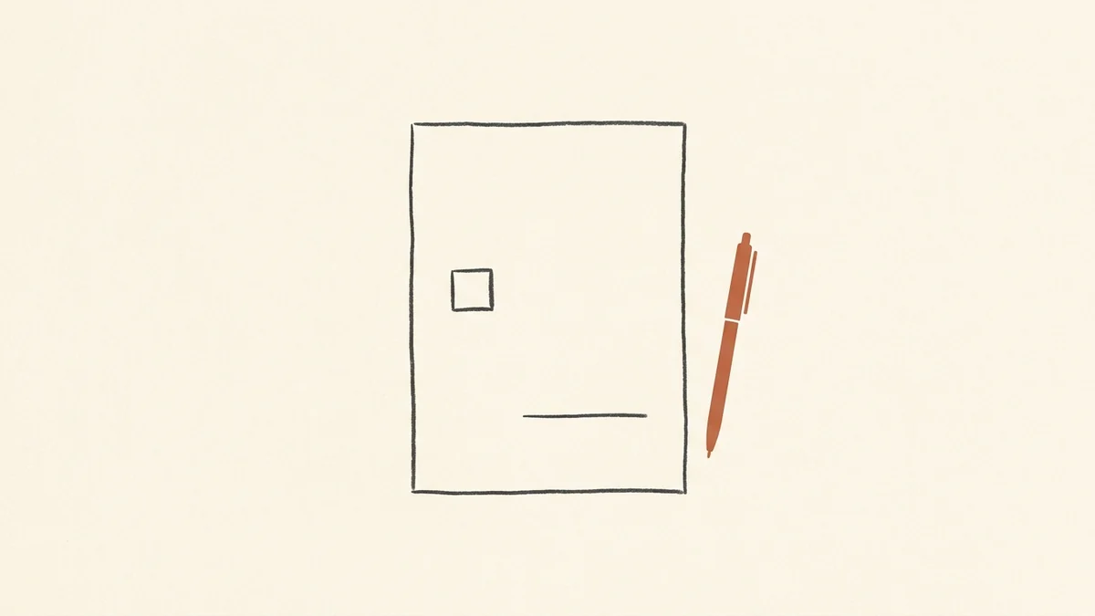 A minimal charcoal line illustration of a plain document sheet with a single empty checkbox and a blank signature line, with a terracotta pen resting beside it, on a warm cream background