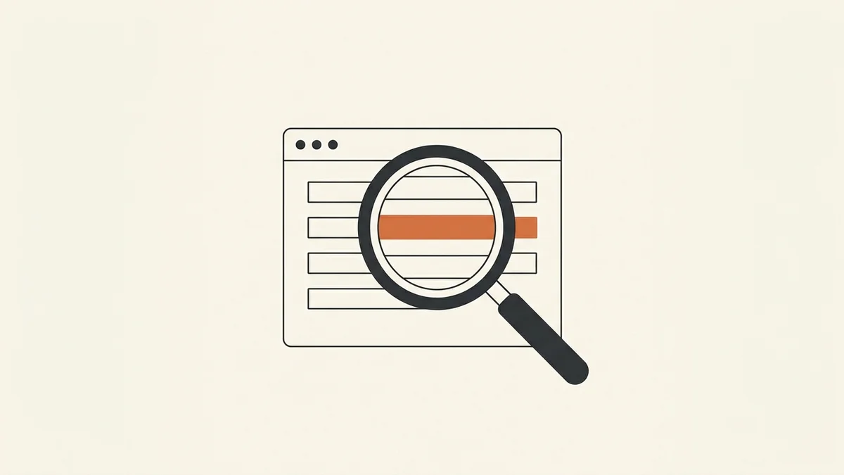 A minimal illustration of a charcoal line-art magnifying glass held over a simple browser window outline, with one block inside the window filled terracotta