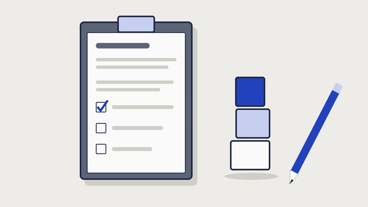 Flat illustration of a clipboard holding a form with one box ticked in cobalt, a stack of three play blocks and a cobalt pencil