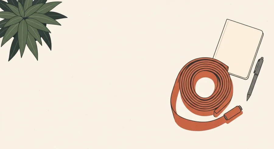 A coiled resistance exercise band beside a closed notebook, pen and a small plant on a clean desk, in warm cream and terracotta tones