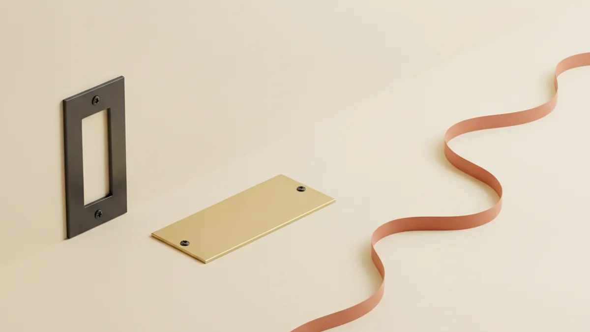 Two blank nameplates on a cream wall, one mounted in a dark frame and one lying loose, with a terracotta cord running past them