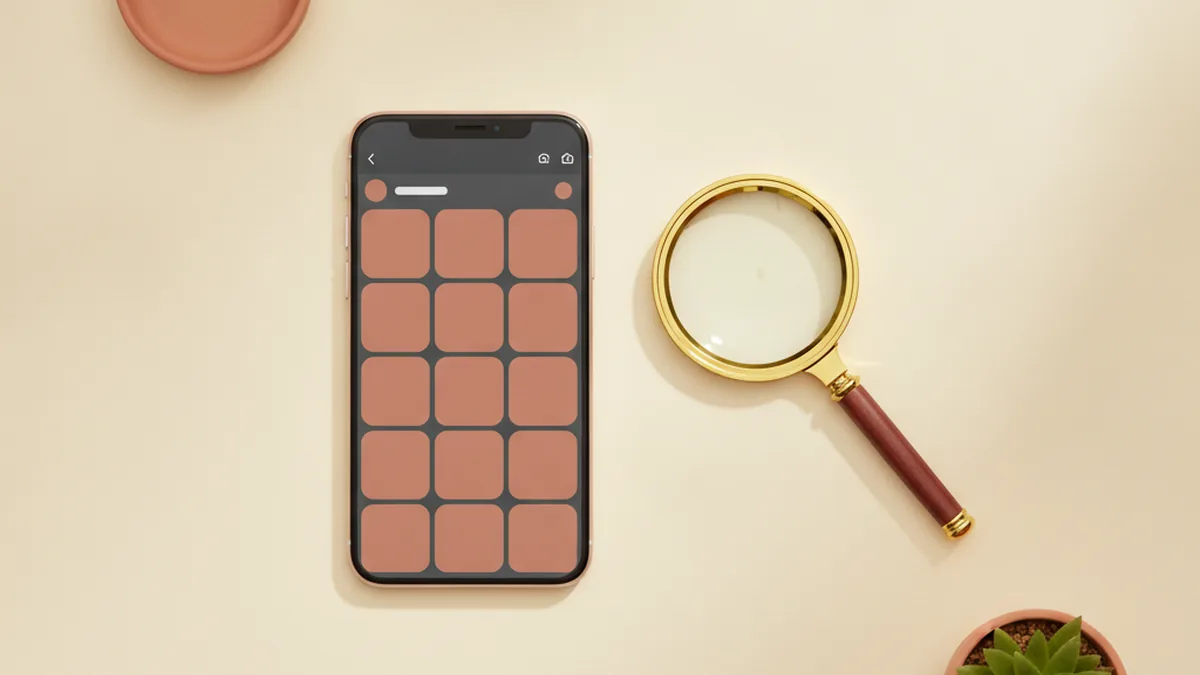 A smartphone on a cream desk showing an abstract grid of blank terracotta and charcoal squares, with a small magnifying glass resting beside it