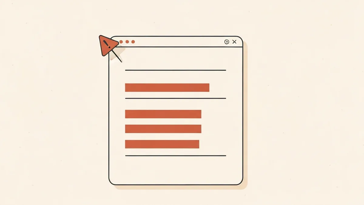 A browser window on a cream background with text lines hidden behind orange bars, illustrating a flagged healthcare website