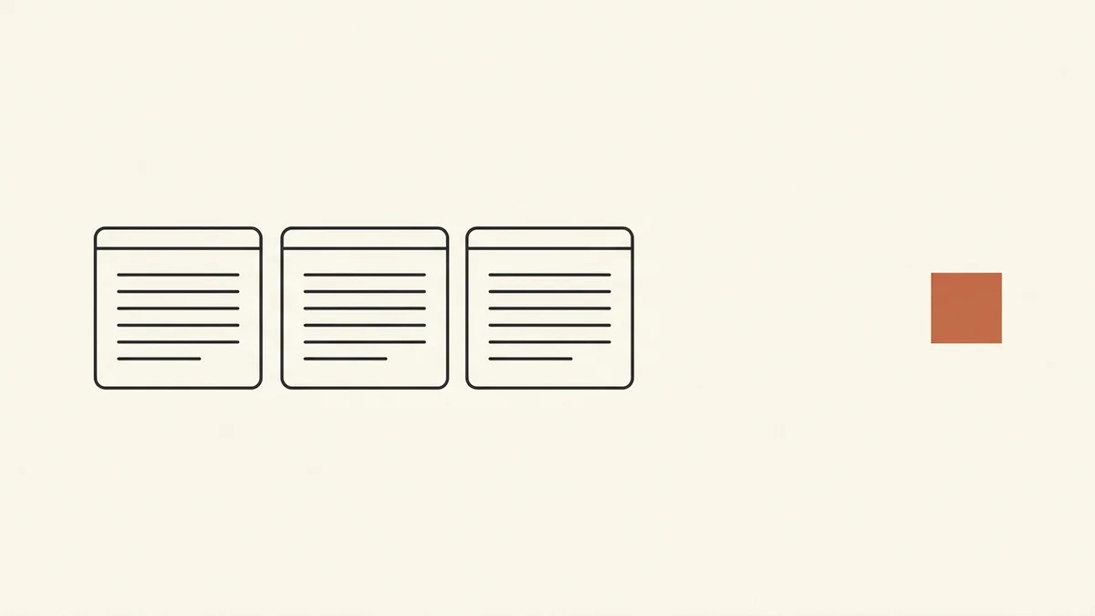 A minimal charcoal line illustration of three identical browser windows in a row on a cream background, with a single solid terracotta square set apart from them