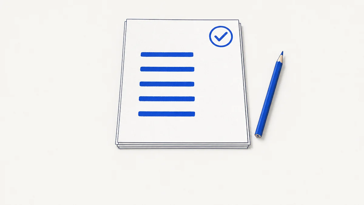All Clear Audit sample report: a flat illustration of a stack of report sheets with 5 cobalt marked lines and a tick stamp, beside a cobalt pencil