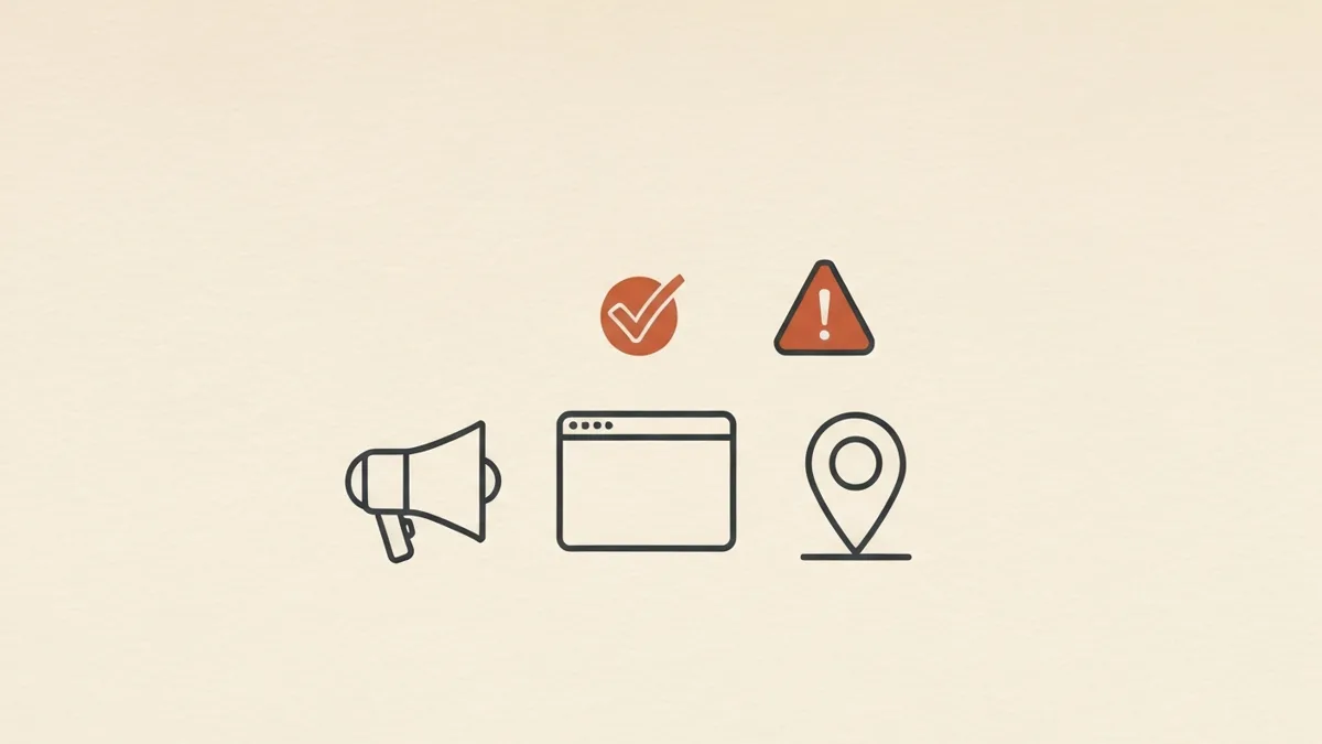 Marketing channel icons for a clinic with a compliance tick and a warning triangle