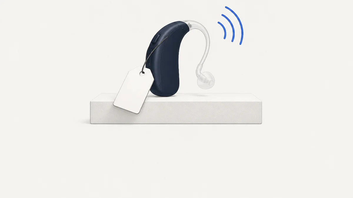 Audiology marketing in Australia: a hearing aid on a plinth with a blank price tag and cobalt sound waves