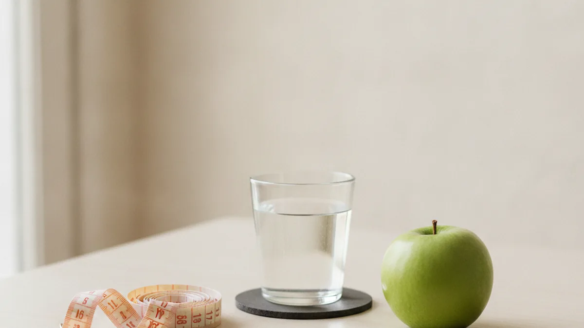 A measuring tape and a glass of water on a plain table, illustrating weight-management advertising rules in Australia