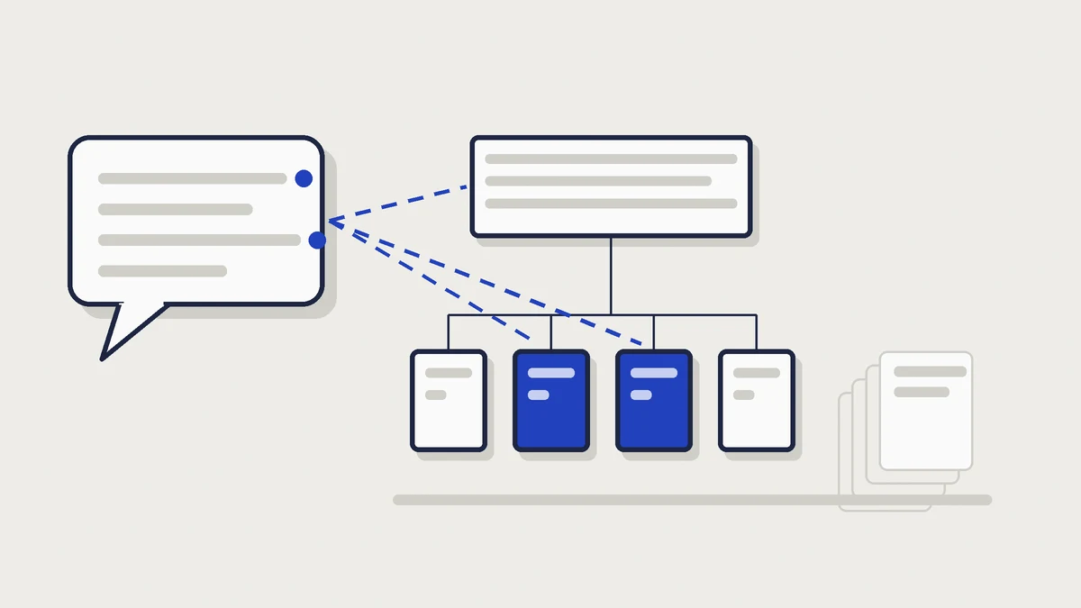 Flat illustration of a speech bubble linked by dashed cobalt lines to a small site map, where two inner pages are filled cobalt and a stack of pale pages sits to one side