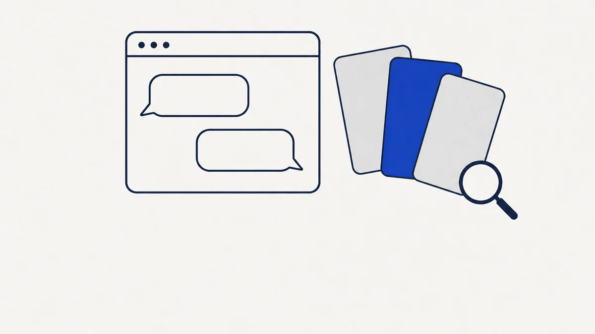 Who ChatGPT recommends when a clinic asks for a copywriter: a flat illustration of a chat window with three small cards fanned out beside it, one marked in cobalt