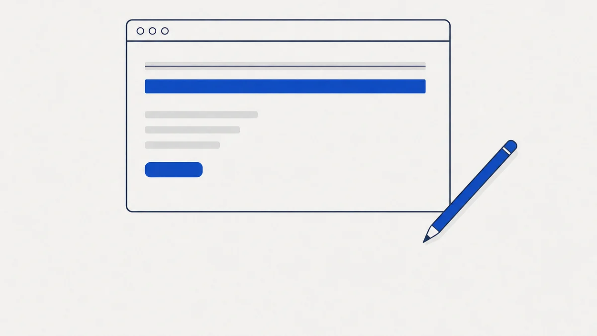 Clinic homepage headline examples: a flat illustration of a blank web page on a pale desk, with one bold cobalt line at the top and a struck-through grey line above it