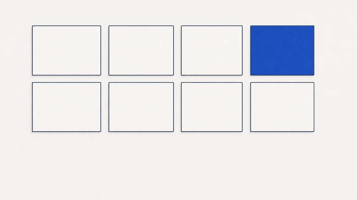 What pages does a clinic website need: a flat illustration of 8 blank page cards in 2 rows on an off-white background, one card filled in cobalt