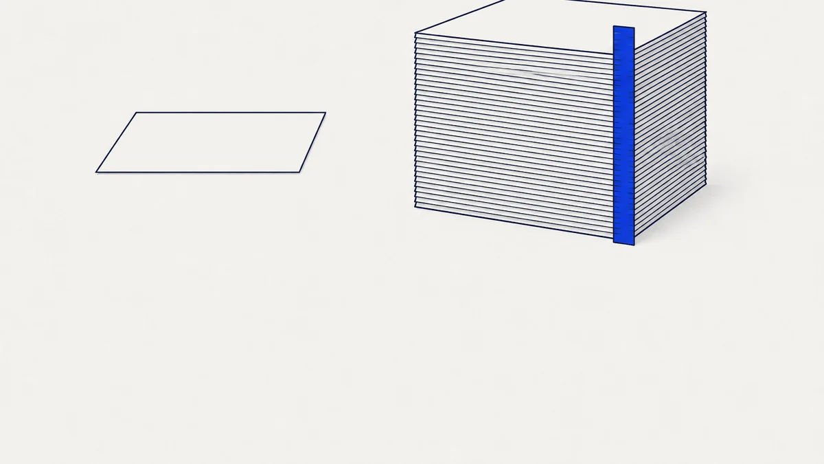 Flat line illustration of a tall stack of paper sheets beside a single sheet, with a cobalt measuring rule running up the tall stack