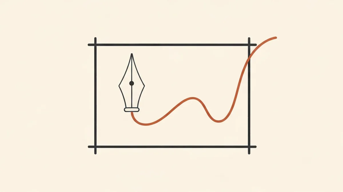 A charcoal fountain pen nib drawing one bold terracotta line freely inside a plain rectangular frame, showing creative writing inside strict boundaries