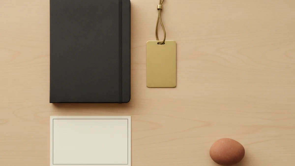 A closed charcoal notebook and a blank brass tag on a cream desk beside a single terracotta pebble