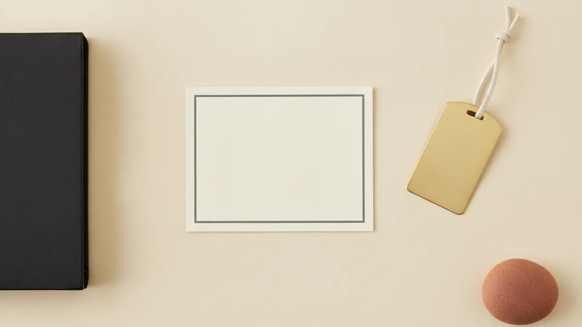 A blank cream card and a blank brass tag on a cream desk beside a closed charcoal notebook