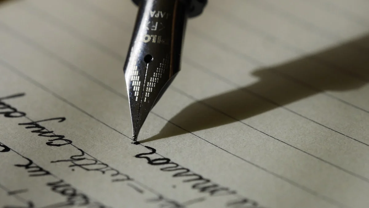 A fountain pen writing by hand on lined paper, representing a single specialist copywriter at work