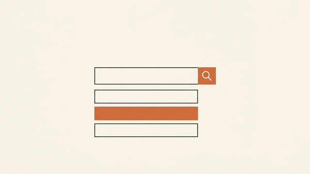 A minimal illustration of a search bar above four blank result rows, with one row filled in terracotta to mark the paid slot
