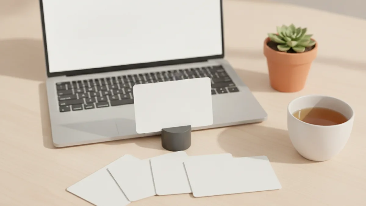 A laptop with a blank screen on a pale wooden desk, with plain blank cards fanned out in front of it and one card raised on a small stand, in warm cream and terracotta tones