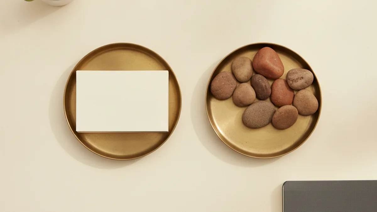 Two brass dishes on a cream desk, one holding a single blank white card and one holding many terracotta pebbles