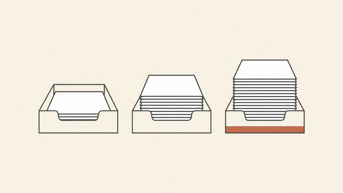 A minimal charcoal line illustration of three stacked document trays of different heights on a warm cream background, the tallest one marked with a single terracotta band