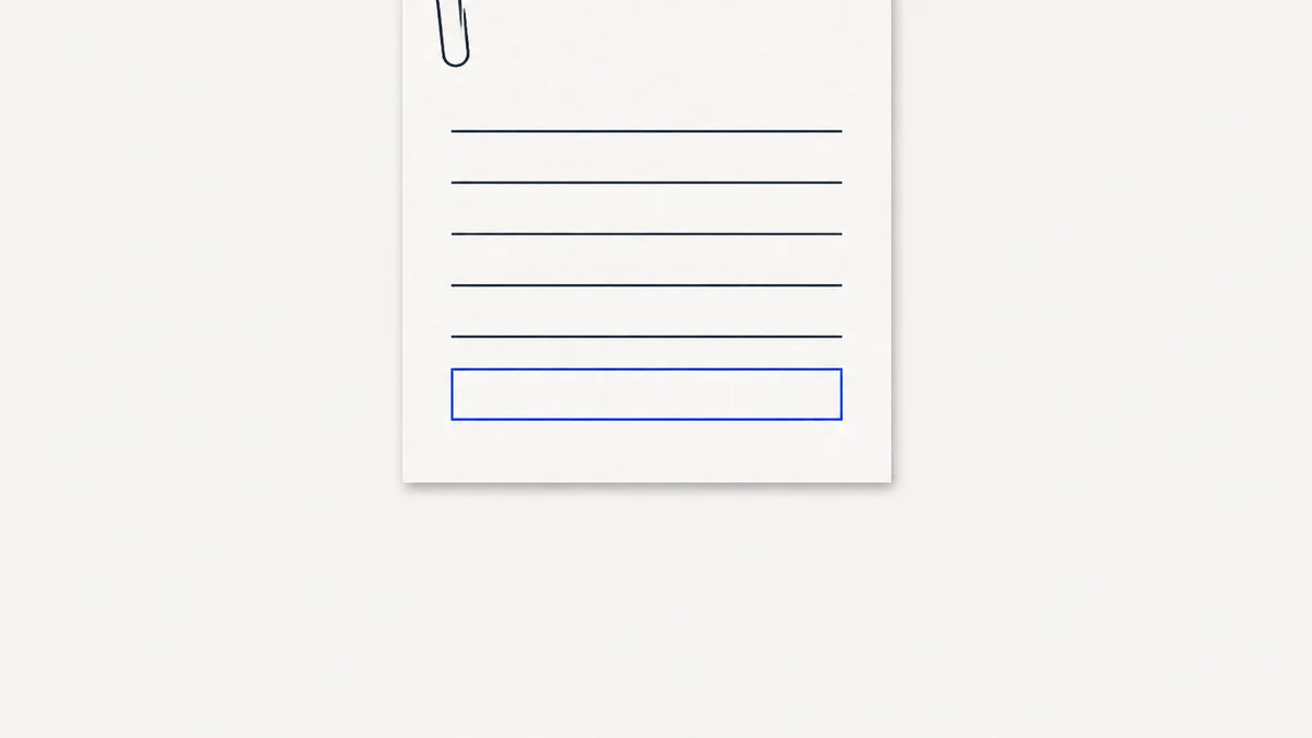 A single printed form on a desk with one field left empty, drawn as a flat cobalt and ink illustration on paper