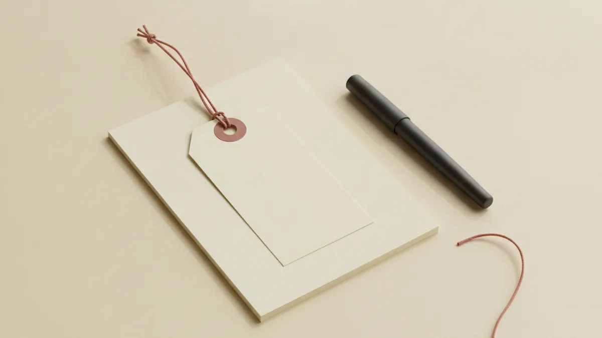 A blank paper price tag with a terracotta string resting on a stack of plain cream paper beside a charcoal fountain pen