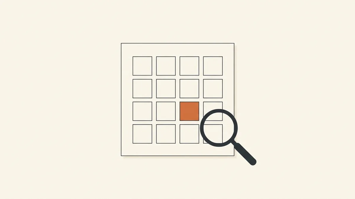 A minimal charcoal line illustration of an empty wall calendar grid with one square filled solid terracotta, and a charcoal magnifying glass resting across its lower right corner, on a warm cream background