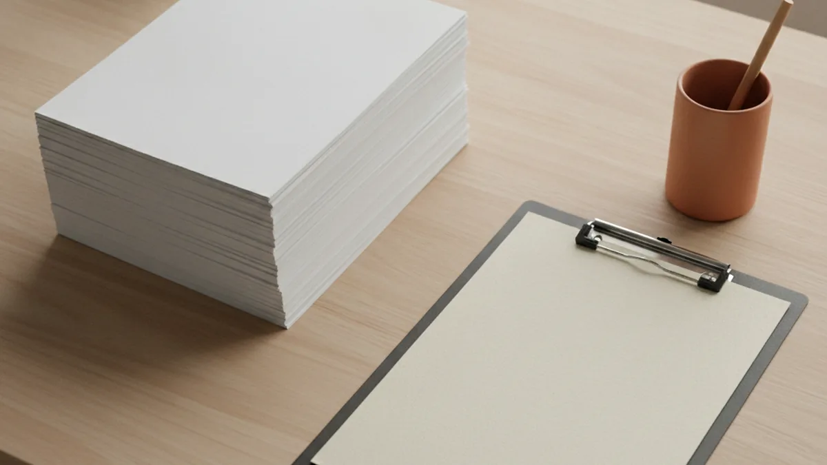 A stack of identical photocopied pages beside one distinct cream page on a charcoal clipboard, showing template marketing advice against bespoke work