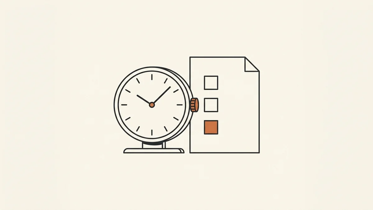A minimal charcoal line illustration of a desk clock beside a single sheet of paper with three ticked boxes, one box filled in solid terracotta, on a warm cream background