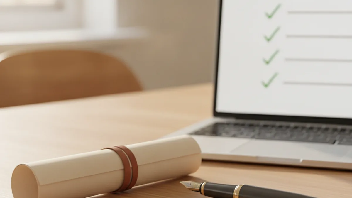 A clean, professional desk with a contract, pen, and laptop suggesting compliance review for regulated businesses in Australia