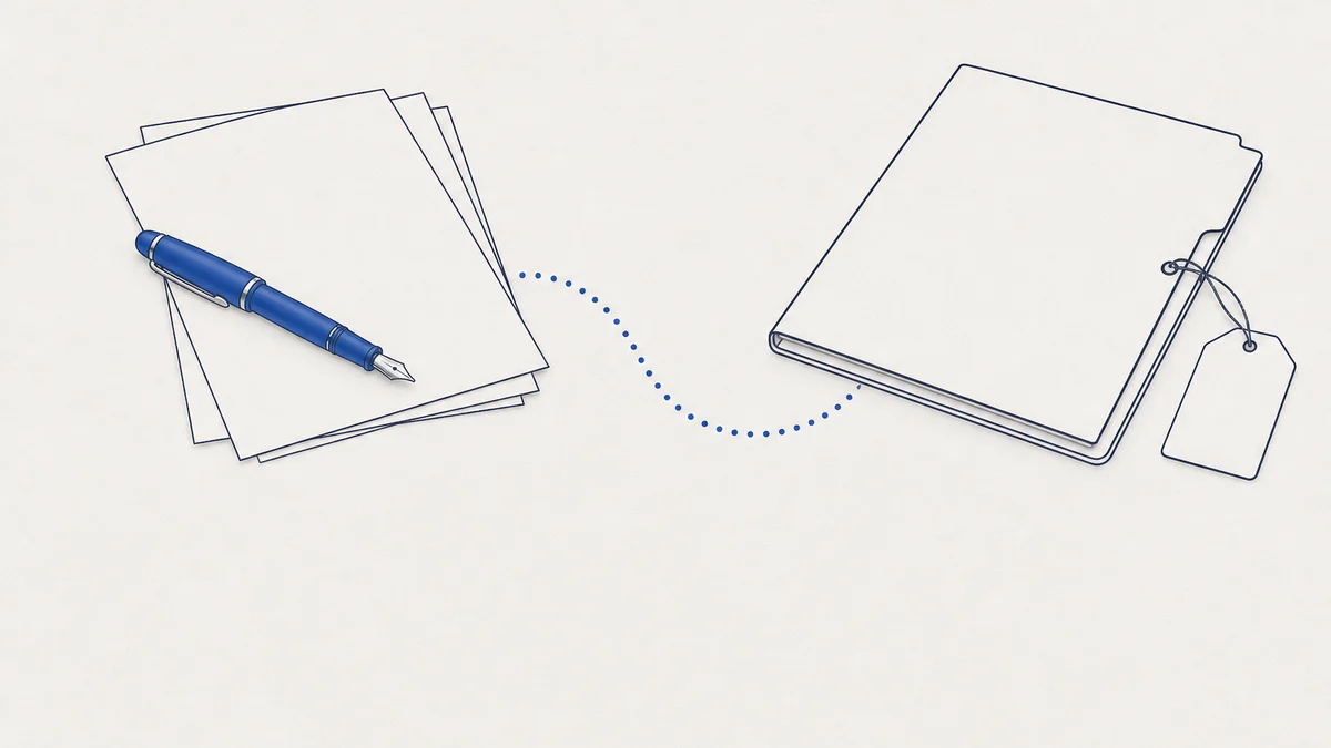 How white label copywriting works: a flat illustration of a cobalt pen on a blank page beside a navy folder with a blank tag on a string