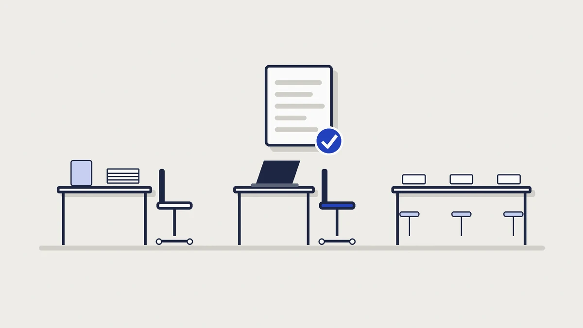 In-house vs freelance copywriter: a flat illustration of three work set-ups side by side, a desk with a chair, a laptop desk with a cobalt chair and a shared table, under one page with a cobalt tick