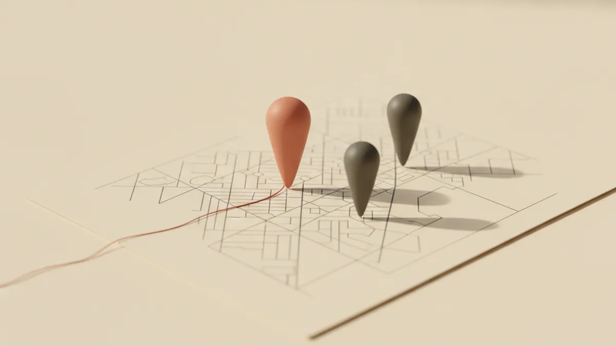 Three blank map pins standing on a plain paper street grid, one terracotta and two charcoal, with a terracotta thread running to the front pin