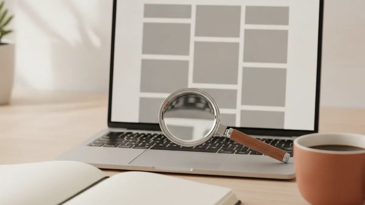 A magnifying glass held over a clinic website mockup on a desk, representing a five-minute AHPRA compliance check