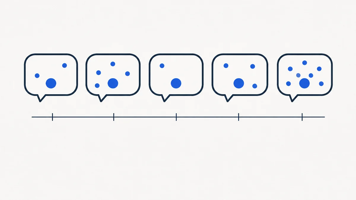 Five identical navy speech bubbles in a row, each holding a different scatter of cobalt dots, with one larger dot in the same place in every bubble