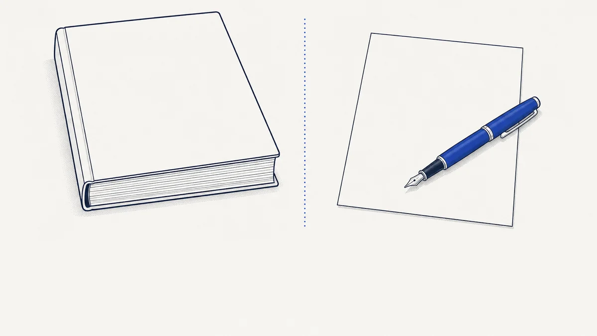 Medical writer vs copywriter: a flat illustration of a thick bound report beside a single open page with a cobalt pen, on a pale desk