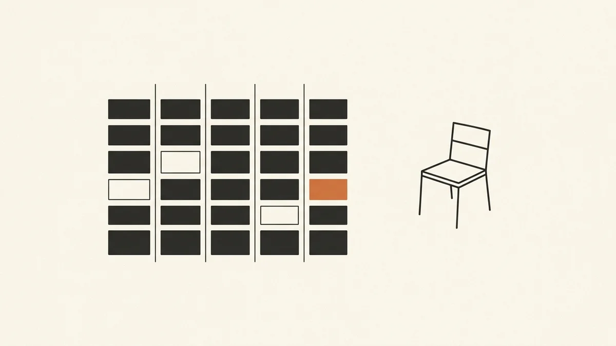 A minimal illustration of a weekly appointment grid with almost every slot filled, three left empty and one marked in terracotta, beside a simple line drawing of a chair