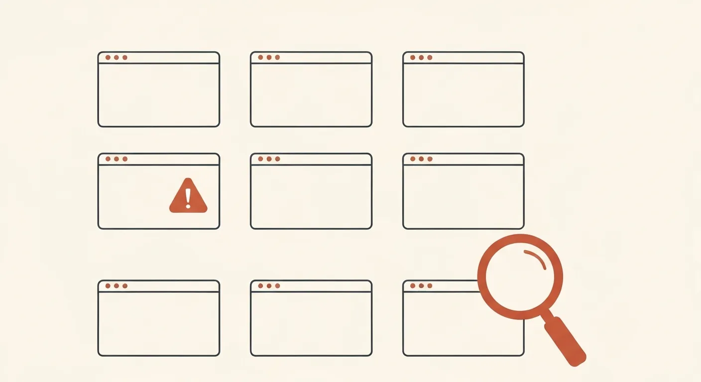 A grid of simple website windows in terracotta and charcoal line art, one flagged with a warning triangle and one under a magnifying glass, illustrating an NDIS marketing website review