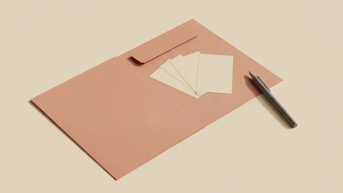 An open terracotta paper folder on a cream desk with three blank cream cards fanned beside it and a charcoal pen resting nearby