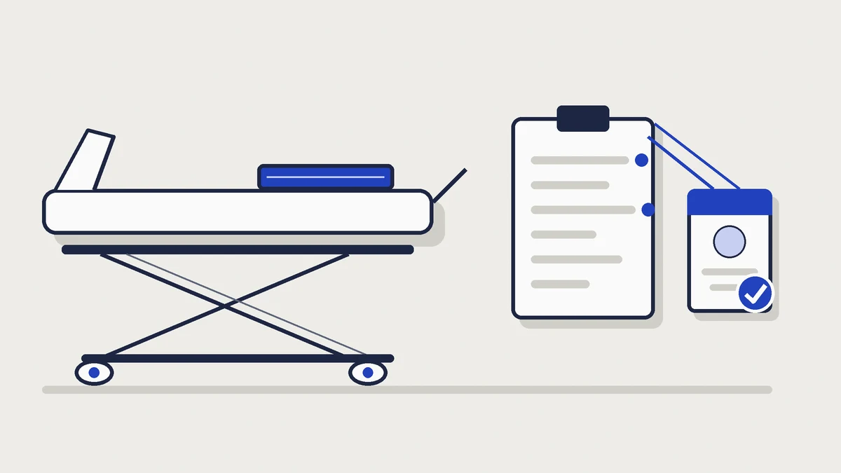 Paramedic service marketing: a flat illustration of an empty stretcher trolley with a folded cobalt blanket, beside a clipboard and an identification card with a cobalt tick